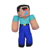 Stylized character plush toy with blue pants and a turquoise shirt on a white background